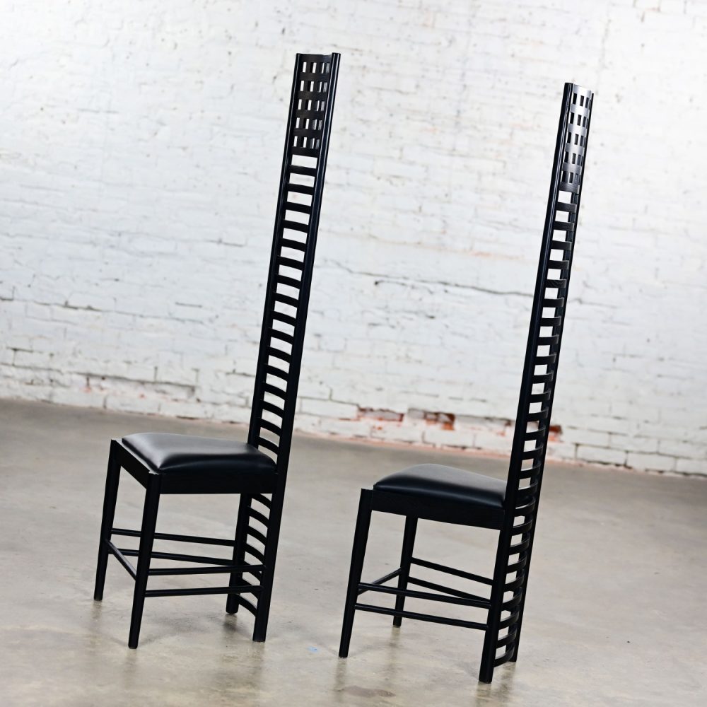 Late 20th Century Art Nouveau Pair of Charles Rennie Mackintosh Hill House Chairs Black Leather & Frames