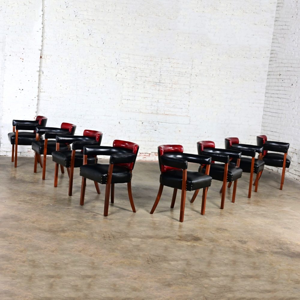 Early 20th Century Art Deco Dining Chairs Set 8 with Red & Black Leather & Walnut Toned Wood Frames