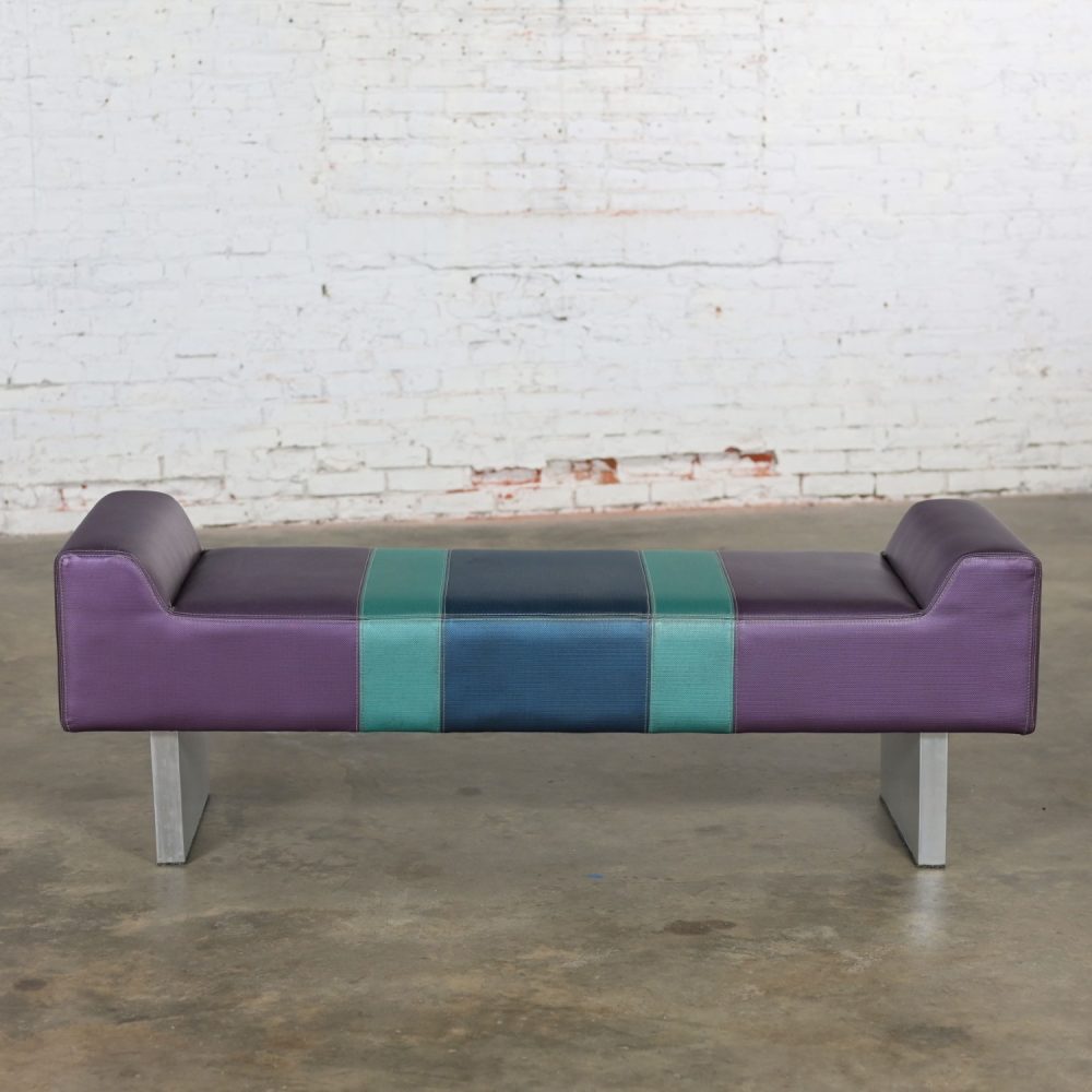 Late 20th Century Postmodern Bench Purple Vinyl & Brushed Aluminum Base After The Memphis Group