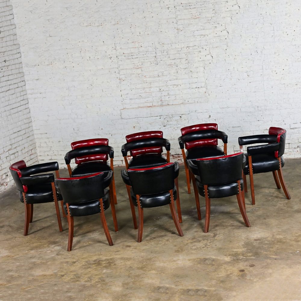 Early 20th Century Art Deco Dining Chairs Set 8 with Red & Black Leather & Walnut Toned Wood Frames