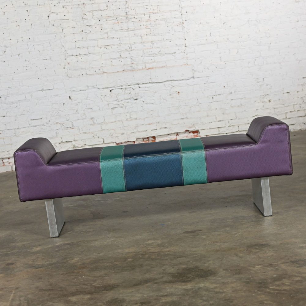 Late 20th Century Postmodern Bench Purple Vinyl & Brushed Aluminum Base After The Memphis Group