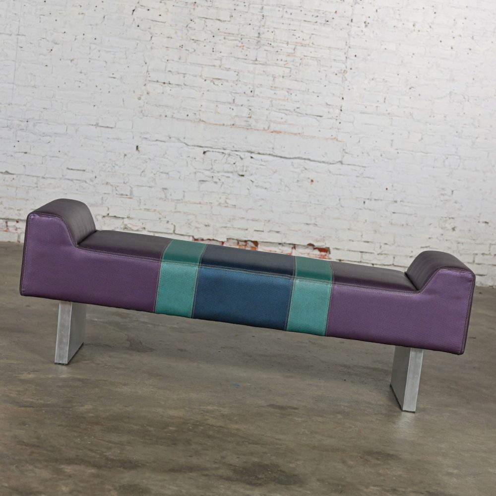 Late 20th Century Postmodern Bench Purple Vinyl & Brushed Aluminum Base After The Memphis Group