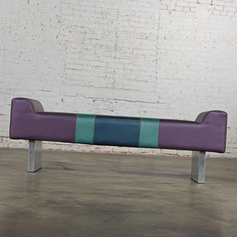 Late 20th Century Postmodern Bench Purple Vinyl & Brushed Aluminum Base After The Memphis Group