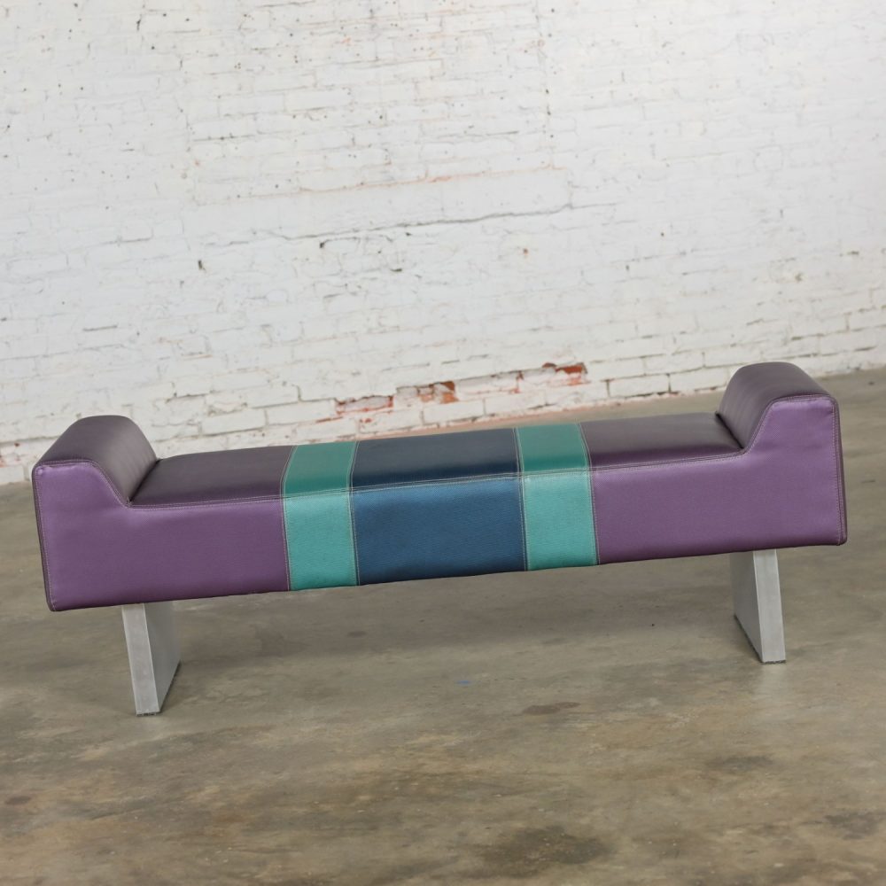 Late 20th Century Postmodern Bench Purple Vinyl & Brushed Aluminum Base After The Memphis Group