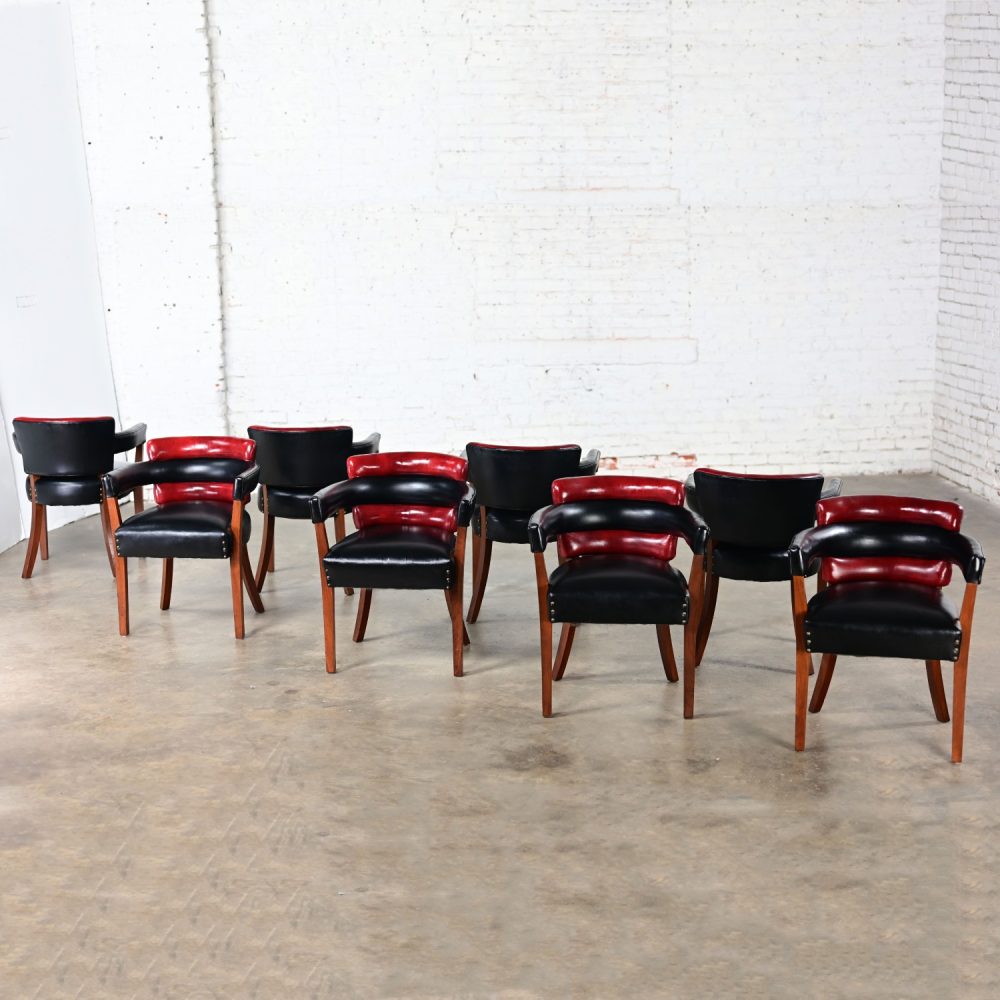 Early 20th Century Art Deco Dining Chairs Set 8 with Red & Black Leather & Walnut Toned Wood Frames