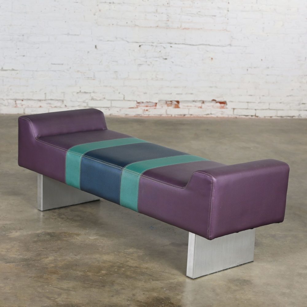 Late 20th Century Postmodern Bench Purple Vinyl & Brushed Aluminum Base After The Memphis Group