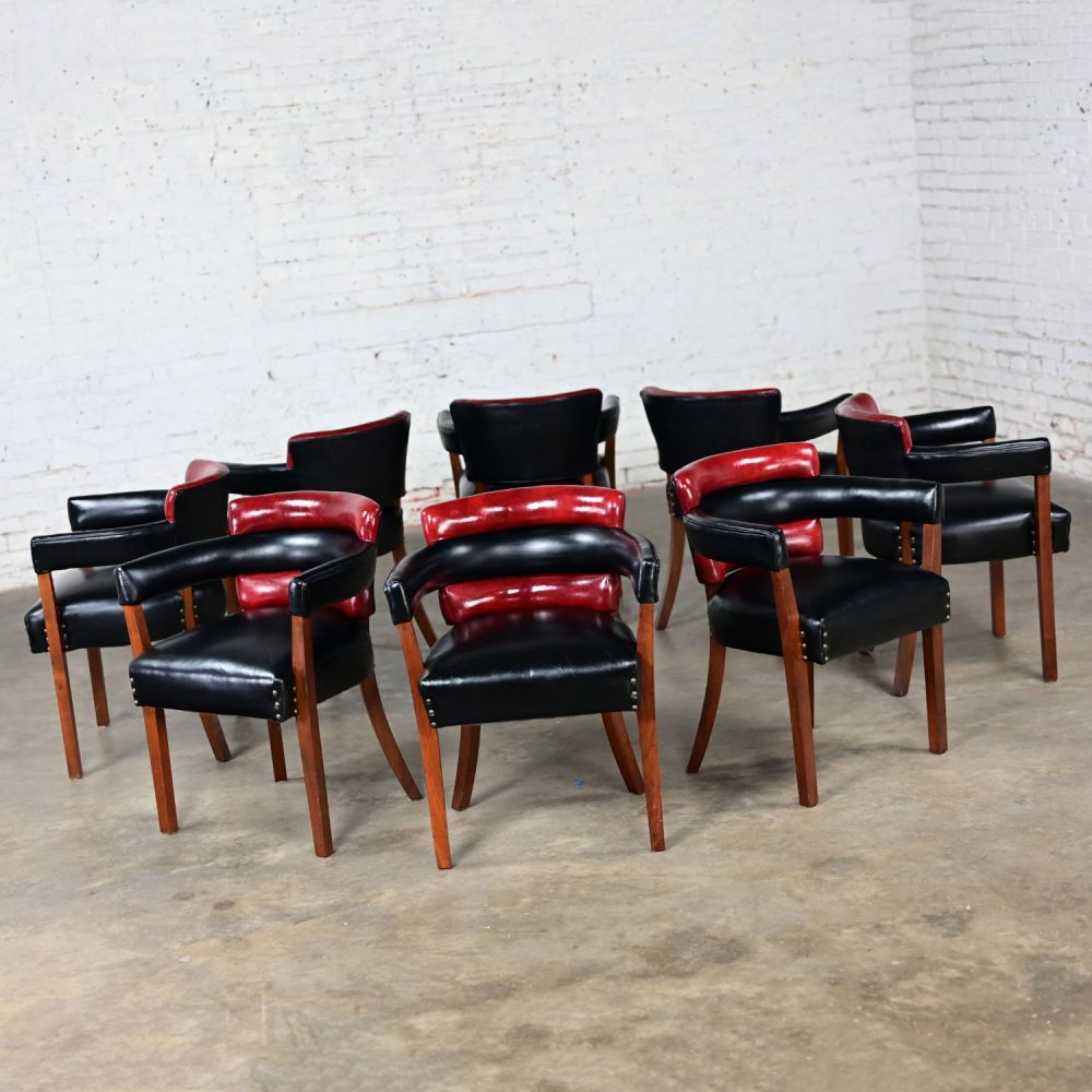 Early 20th Century Art Deco Dining Chairs Set 8 with Red & Black Leather & Walnut Toned Wood Frames