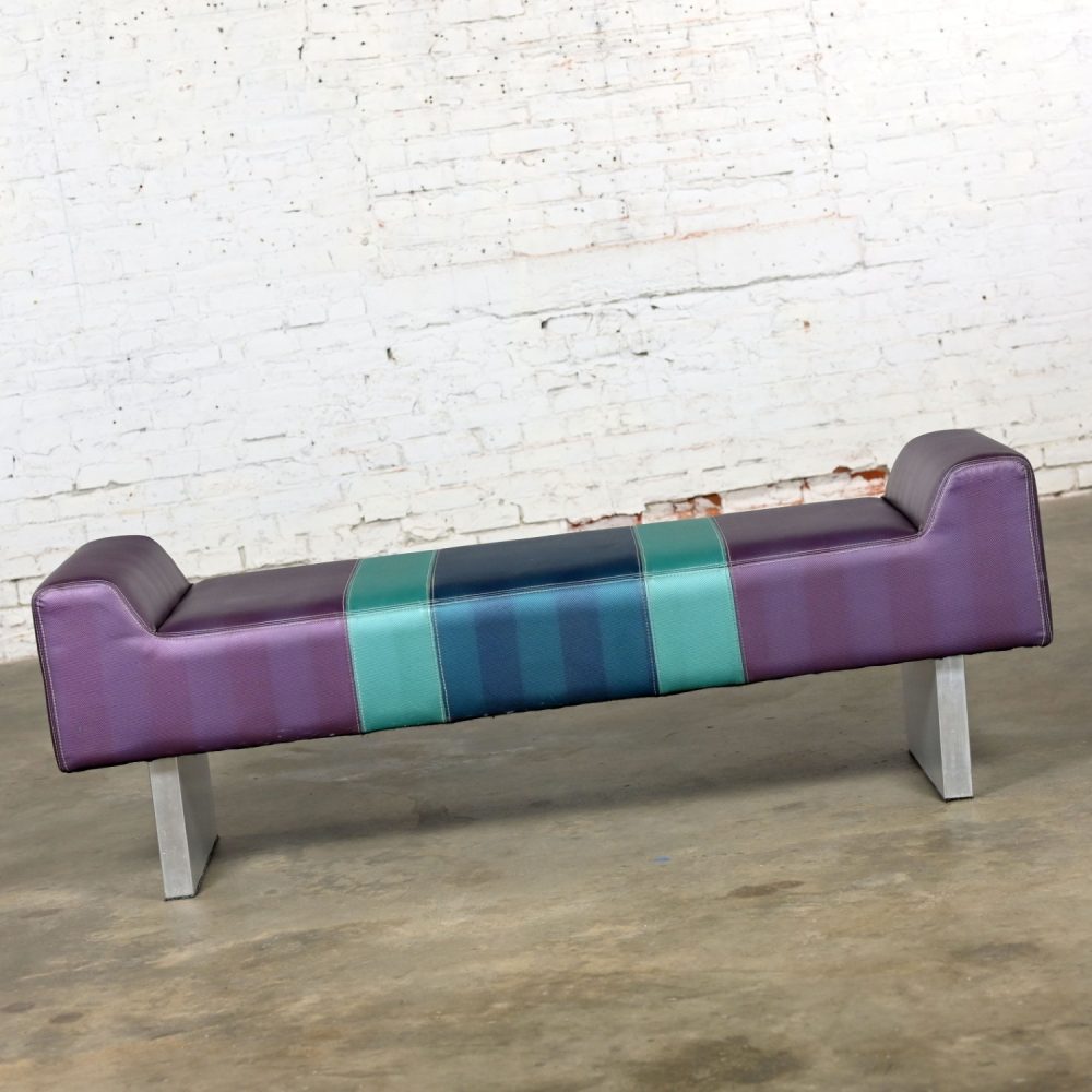 Late 20th Century Postmodern Bench Purple Vinyl & Brushed Aluminum Base After The Memphis Group