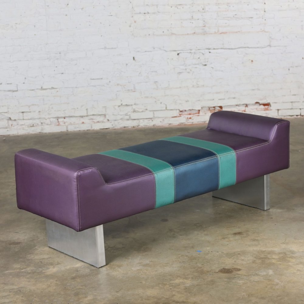 Late 20th Century Postmodern Bench Purple Vinyl & Brushed Aluminum Base After The Memphis Group