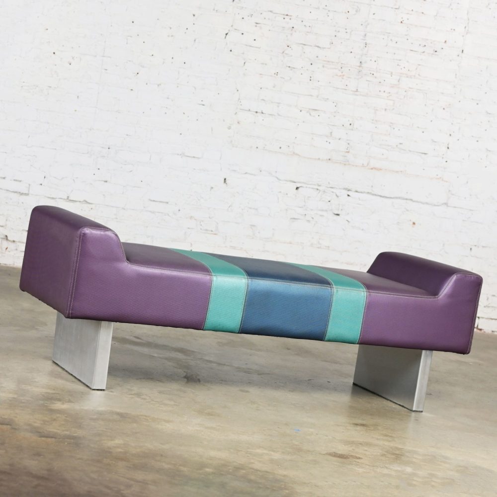 Late 20th Century Postmodern Bench Purple Vinyl & Brushed Aluminum Base After The Memphis Group