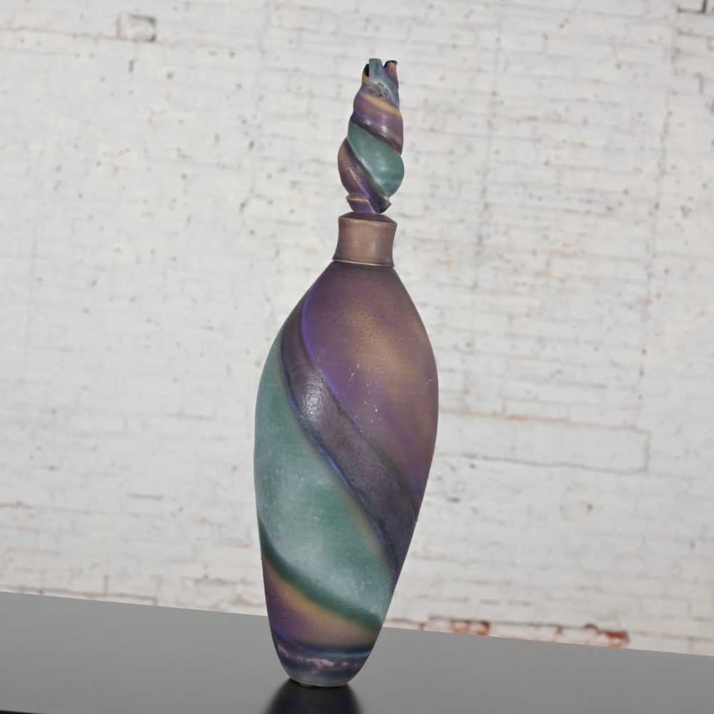 1992 Modern Purple & Teal Swirl Pottery Overscale Bottle or Floor Vessel Artist Signed