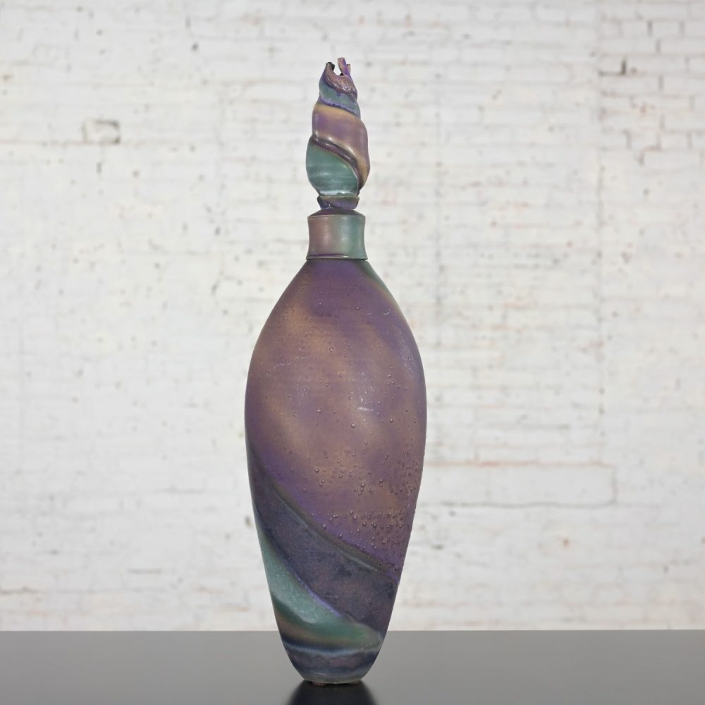 1992 Modern Purple & Teal Swirl Pottery Overscale Bottle or Floor Vessel Artist Signed