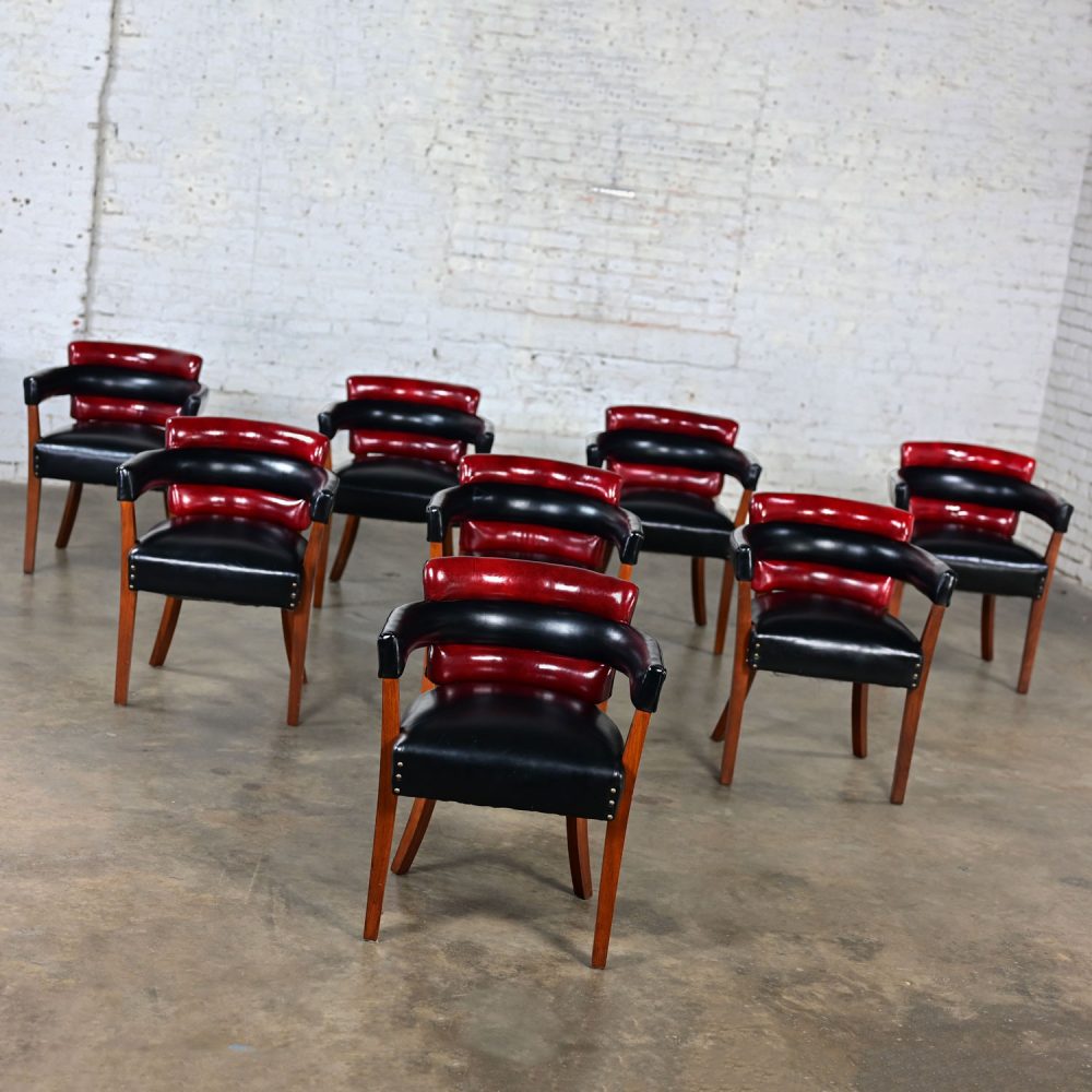 Early 20th Century Art Deco Dining Chairs Set 8 with Red & Black Leather & Walnut Toned Wood Frames