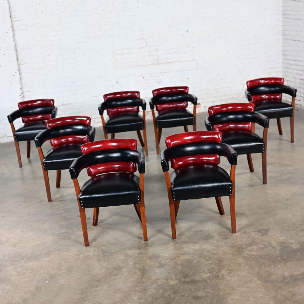 Early 20th Century Art Deco Dining Chairs Set 8 with Red & Black Leather & Walnut Toned Wood Frames