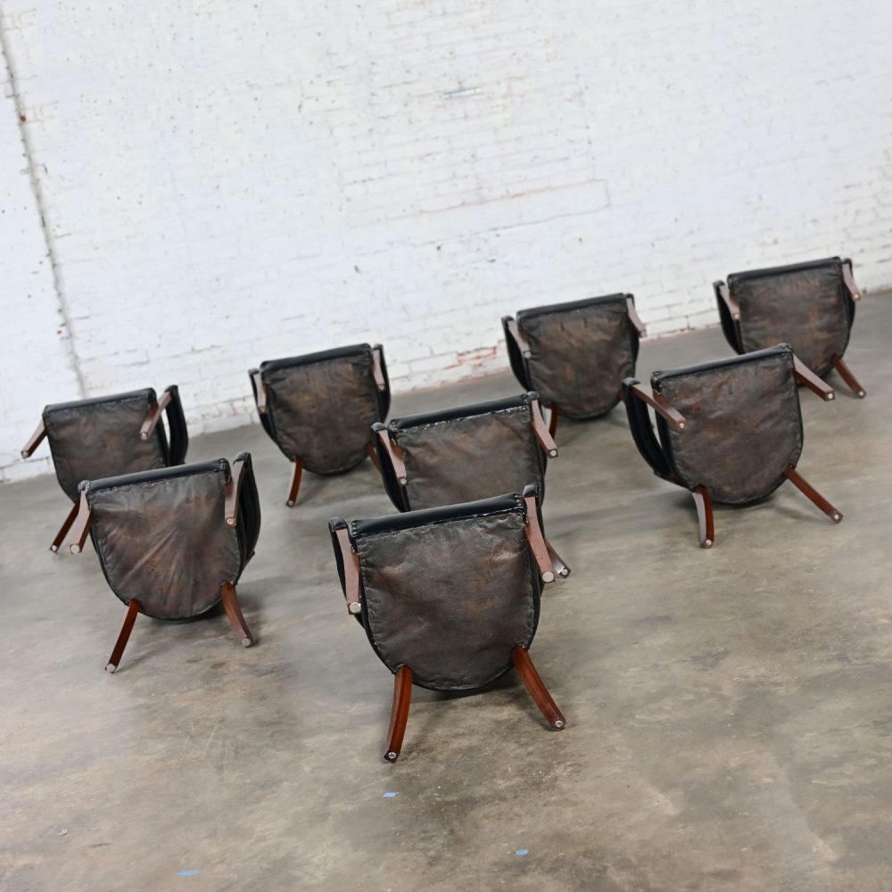 Early 20th Century Art Deco Dining Chairs Set 8 with Red & Black Leather & Walnut Toned Wood Frames