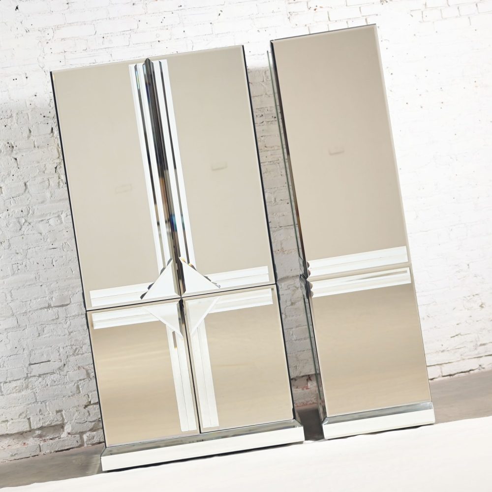 Late 20th Century Postmodern to Art Deco Revival Mirrored Entertainment Cabinet & Armoire a Pair Style of Ello