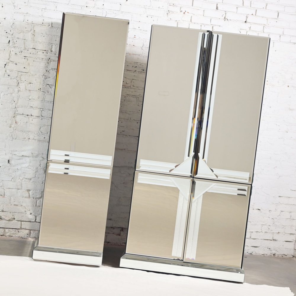 Late 20th Century Postmodern to Art Deco Revival Mirrored Entertainment Cabinet & Armoire a Pair Style of Ello