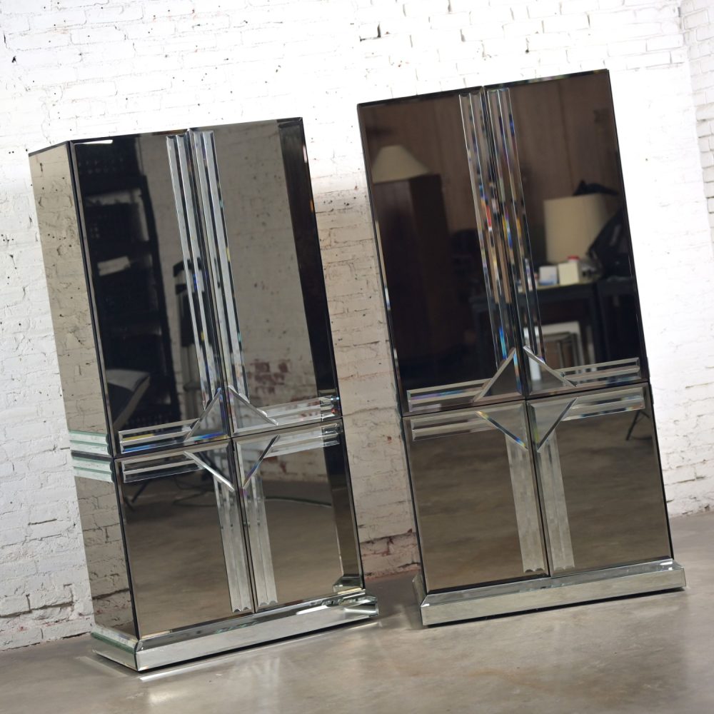 Late 20th Century Postmodern to Art Deco Revival Mirrored Entertainment Cabinet & Armoire a Pair Style of Ello