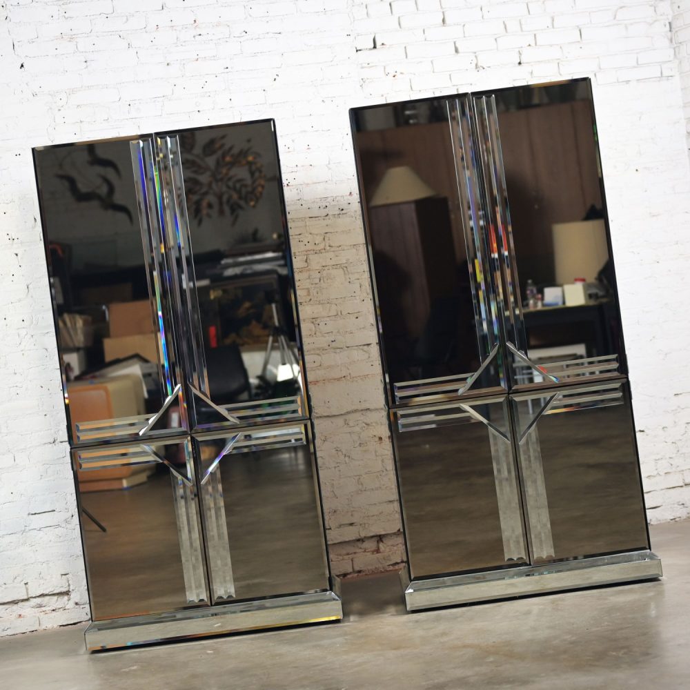 Late 20th Century Postmodern to Art Deco Revival Mirrored Entertainment Cabinet & Armoire a Pair Style of Ello