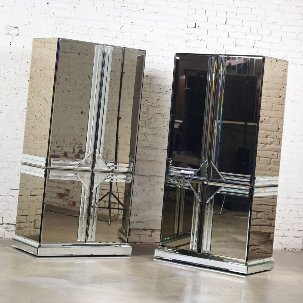 Late 20th Century Postmodern to Art Deco Revival Mirrored Entertainment Cabinet & Armoire a Pair Style of Ello