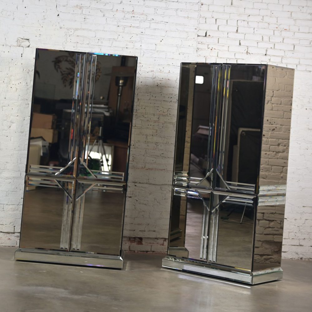 Late 20th Century Postmodern to Art Deco Revival Mirrored Entertainment Cabinet & Armoire a Pair Style of Ello