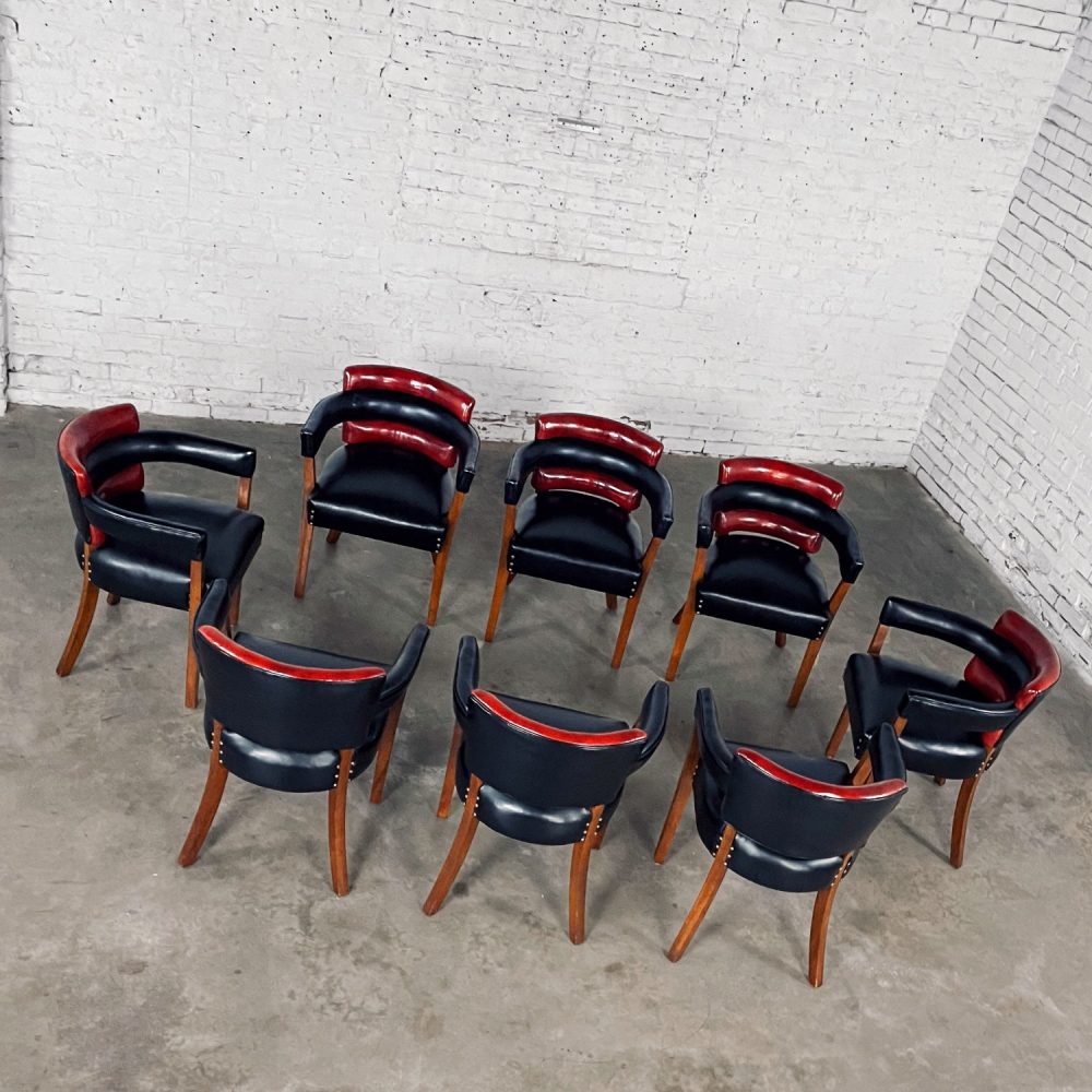 Early 20th Century Art Deco Dining Chairs Set 8 with Red & Black Leather & Walnut Toned Wood Frames