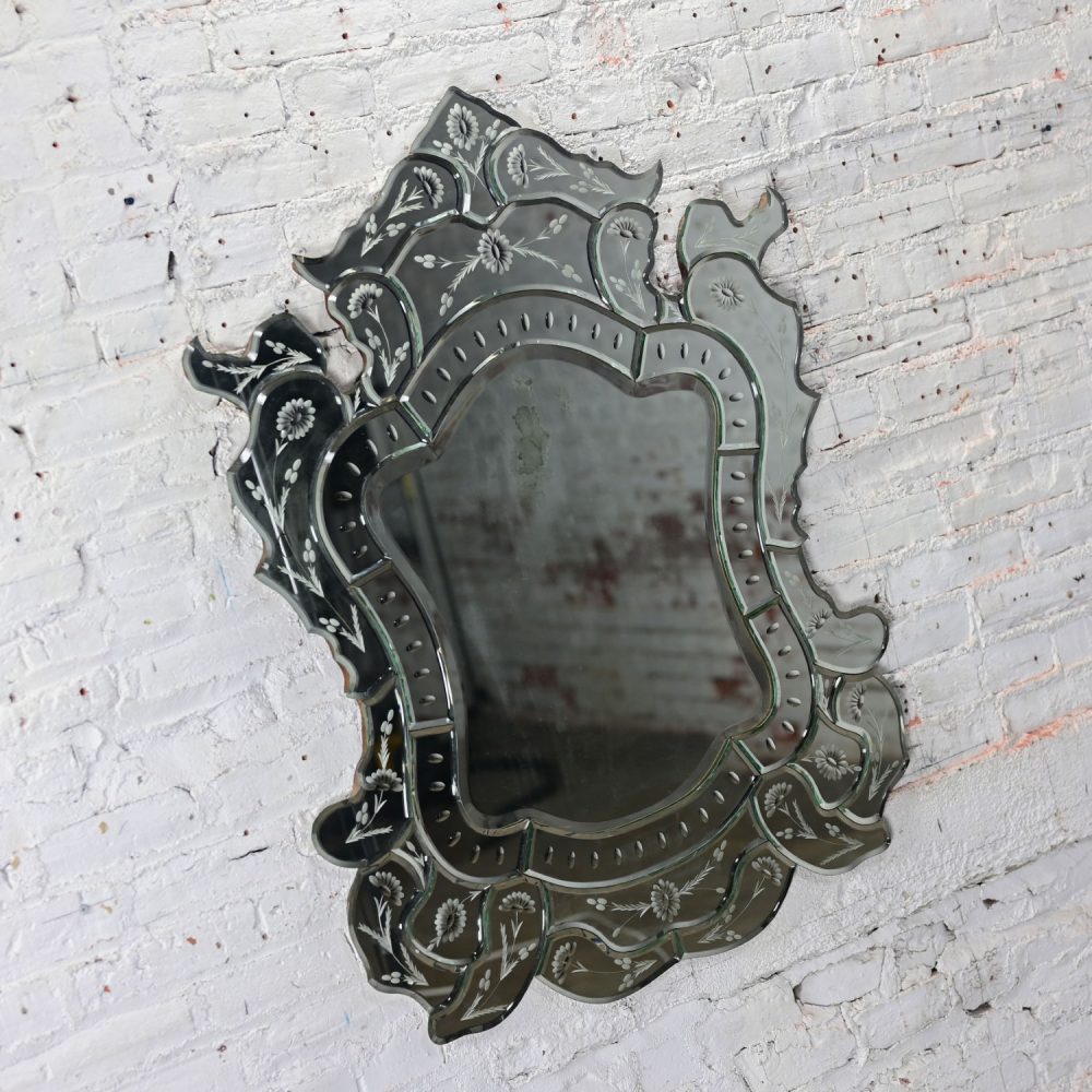 Early to Mid-20th Century Italian Venetian Wall Mirror Cut Glass Sculpted & Engraved Shield Shape