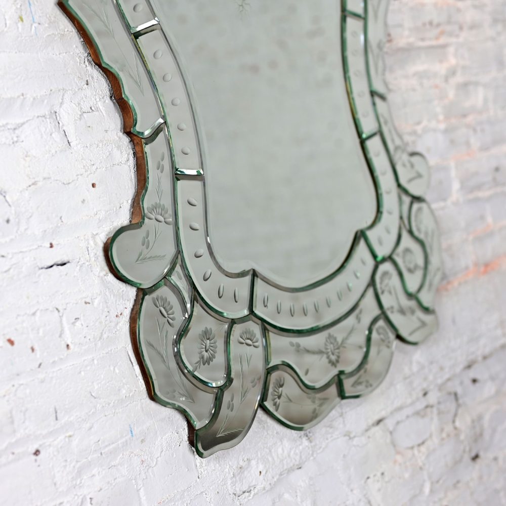 Early to Mid-20th Century Italian Venetian Wall Mirror Cut Glass Sculpted & Engraved Shield Shape