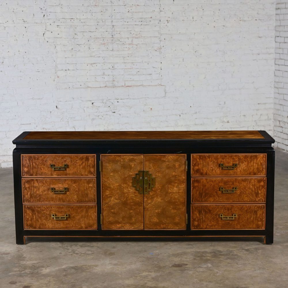 Late 20th Century Chinoiserie Black & Burl Chin Hua Collection Dresser or Sideboard by Raymond K. Sabota for Century Furniture