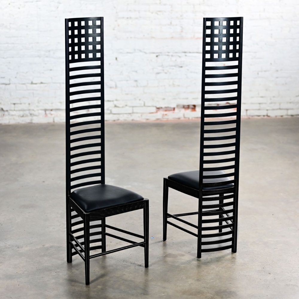 Late 20th Century Art Nouveau Pair of Charles Rennie Mackintosh Hill House Chairs Black Leather & Frames