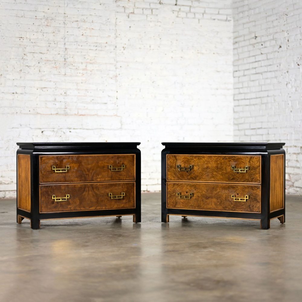 Late 20th Century Chinoiserie Black & Burl Chin Hua Collection Pair of Nightstands or End Tables by Raymond K. Sabota for Century Furniture