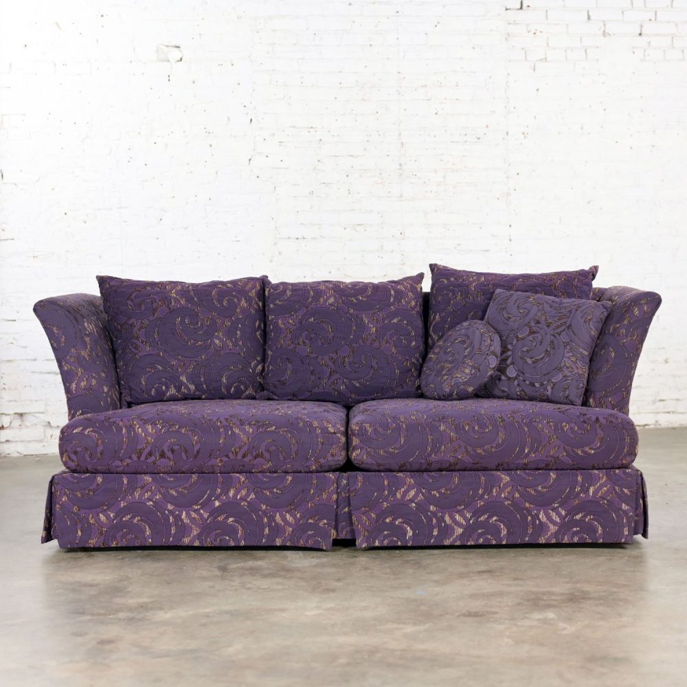 1999 Modern to Hollywood Regency Overscale Modified Tuxedo Sofa with Fantasy Eggplant Fabric