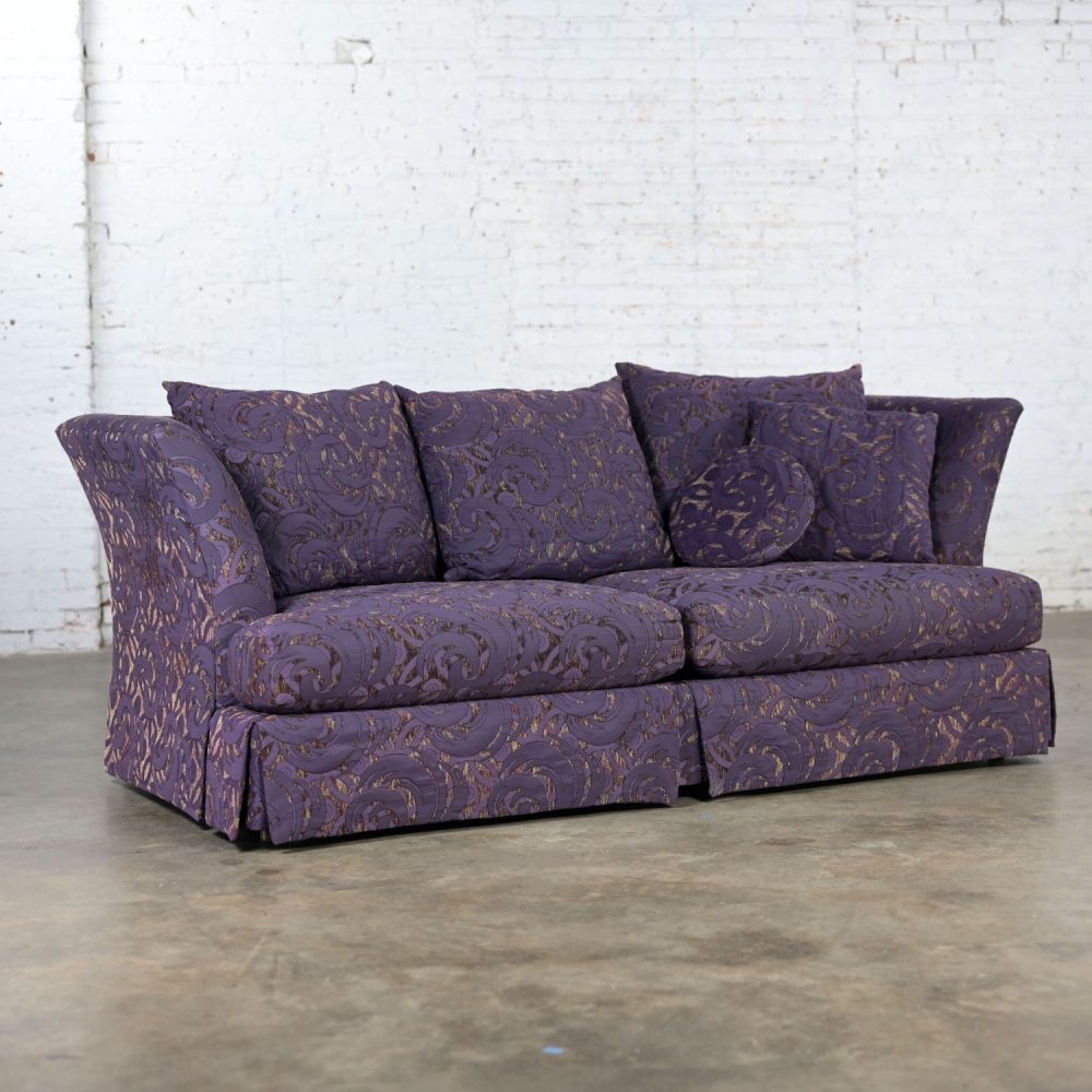 1999 Modern to Hollywood Regency Overscale Modified Tuxedo Sofa with Fantasy Eggplant Fabric