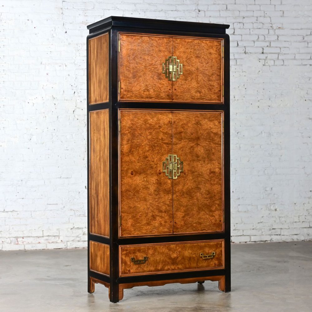 Late 20th Century Chinoiserie Black & Burl Chin Hua Collection Armoire or Entertainment Cabinet by Raymond K. Sabota for Century Furniture