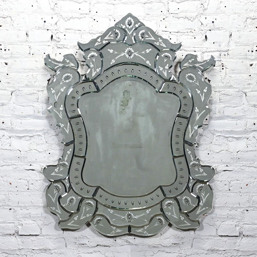 Early to Mid-20th Century Italian Venetian Wall Mirror Cut Glass Sculpted & Engraved Shield Shape