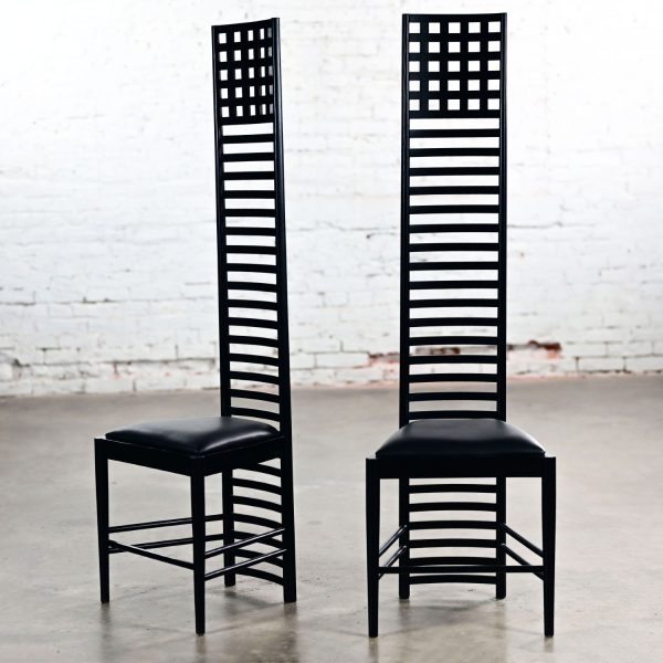 Late 20th Century Art Nouveau Pair of Charles Rennie Mackintosh Hill House Chairs Black Leather & Frames