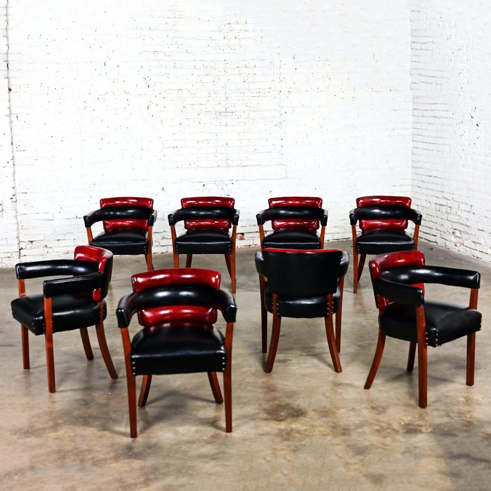 Early 20th Century Art Deco Dining Chairs Set 8 with Red & Black Leather & Walnut Toned Wood Frames