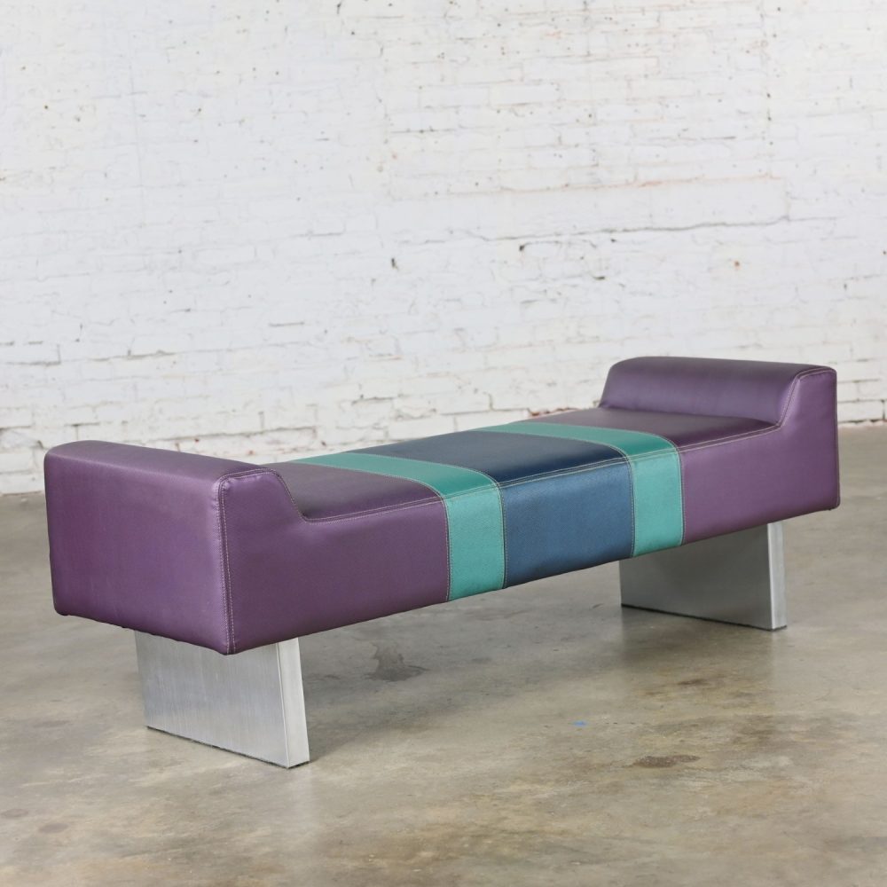 Late 20th Century Postmodern Bench Purple Vinyl & Brushed Aluminum Base After The Memphis Group