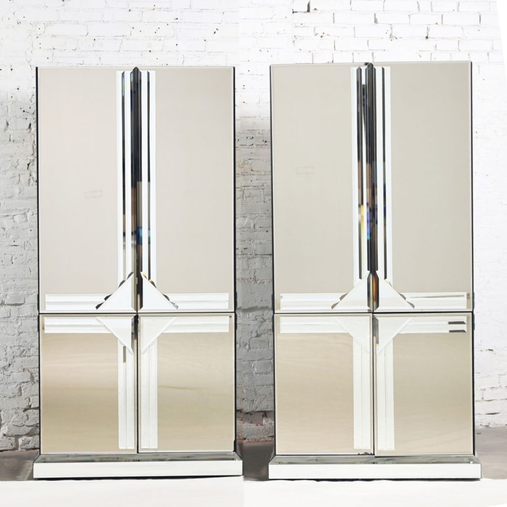 Late 20th Century Postmodern to Art Deco Revival Mirrored Entertainment Cabinet & Armoire a Pair Style of Ello