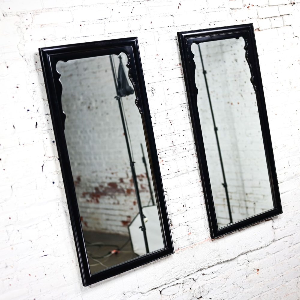 Late 20th Century Chinoiserie Black & Burl Chin Hua Collection Pair of Mirrors by Raymond K. Sabota for Century Furniture