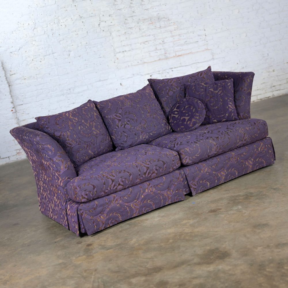 1999 Modern to Hollywood Regency Overscale Modified Tuxedo Sofa with Fantasy Eggplant Fabric