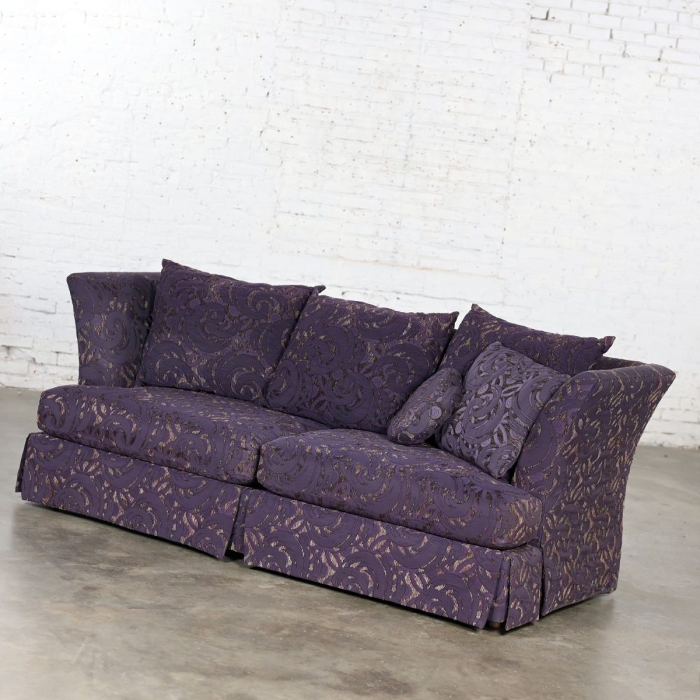 1999 Modern to Hollywood Regency Overscale Modified Tuxedo Sofa with Fantasy Eggplant Fabric