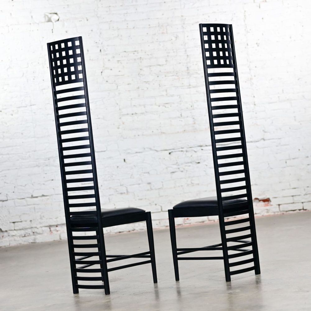 Late 20th Century Art Nouveau Pair of Charles Rennie Mackintosh Hill House Chairs Black Leather & Frames