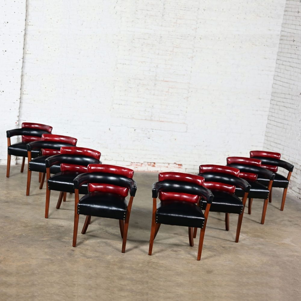 Early 20th Century Art Deco Dining Chairs Set 8 with Red & Black Leather & Walnut Toned Wood Frames