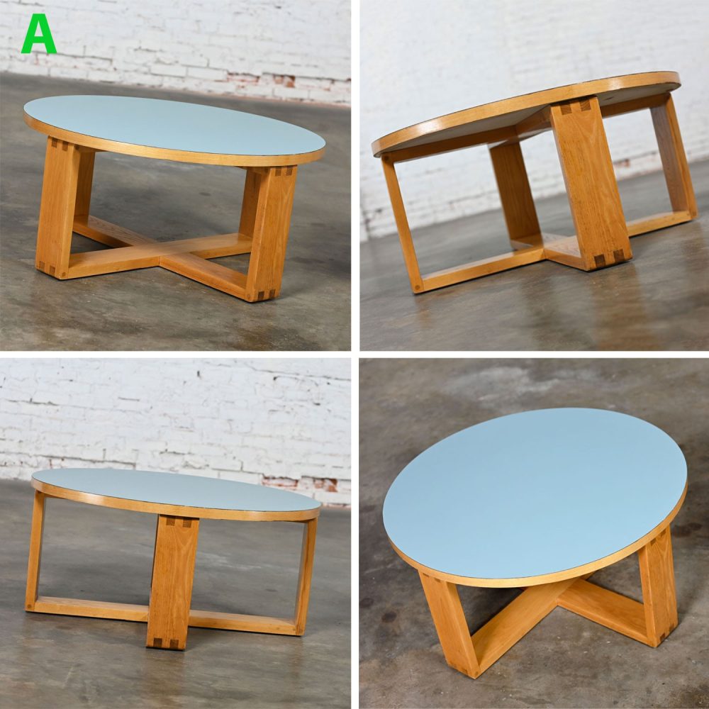 Late 20th Century Modern Coffee Table with Light Oak Frame & Blue Laminate Top