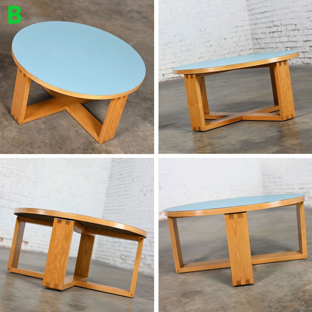 Late 20th Century Modern Coffee Table with Light Oak Frame & Blue Laminate Top