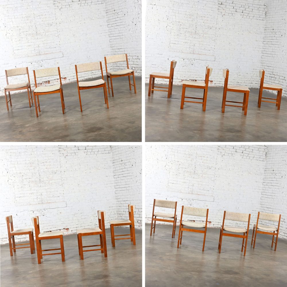 1970’s Scandinavian Modern D Scan Dining Chairs with Teak Frames & Oatmeal Fabric Set of 4