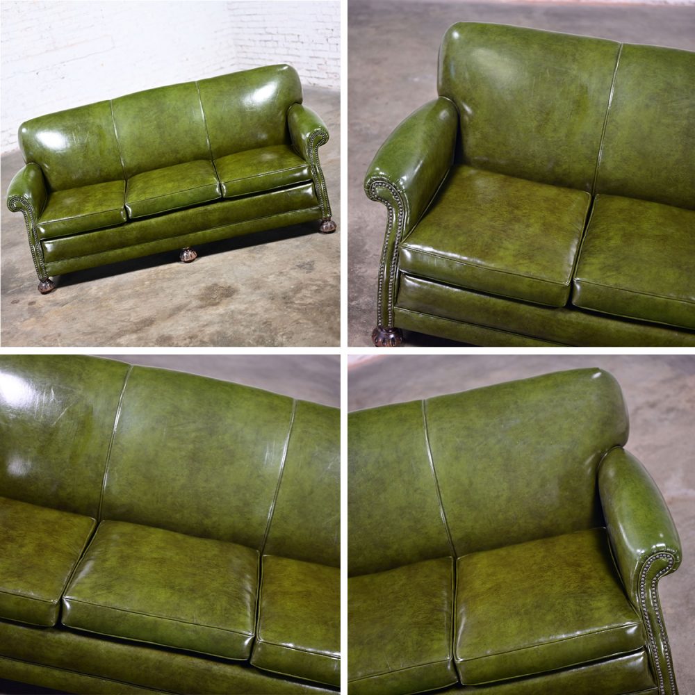 1940-1950’s Traditional Green Naugahyde Faux Leather Lawson Club Style Sofa w/Rolled Arms