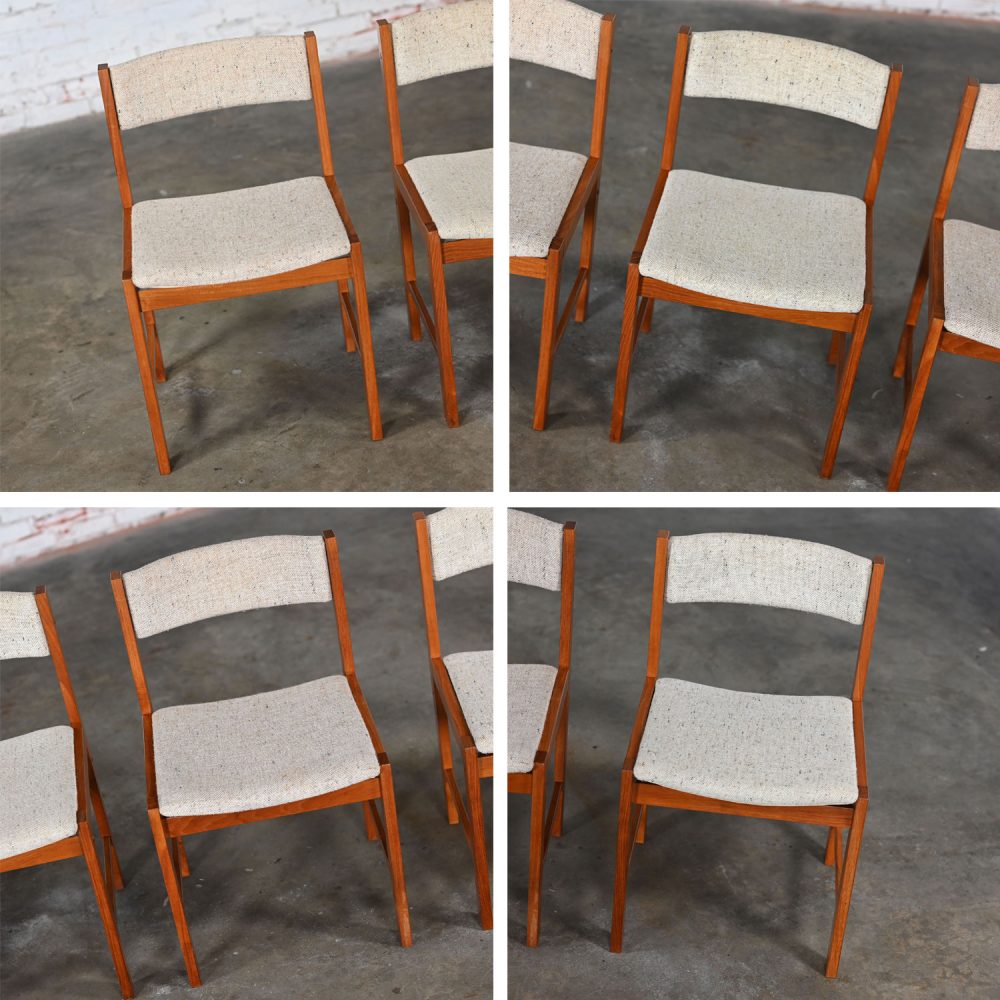 1970’s Scandinavian Modern D Scan Dining Chairs with Teak Frames & Oatmeal Fabric Set of 4