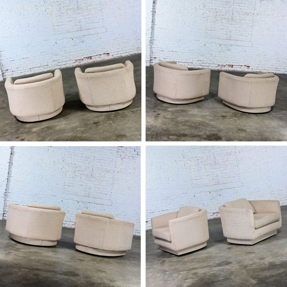 1968 Mid-Century Modern Overscale Pair Swivel Barrel Tub or Bucket Chairs Style of Milo Baughman